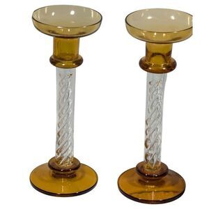 Draft Listing Vintage Set Of 2 Rare Amber Glass Air Twist Candlesticks Kosta Bod